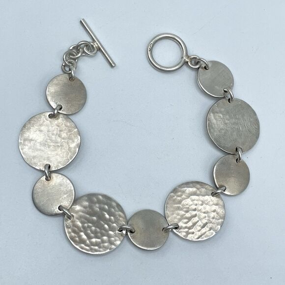 Vintage 925 Sterling Silver Disc Chain Bracelet Toggle Clasp Statement Boho - Picture 1 of 6
